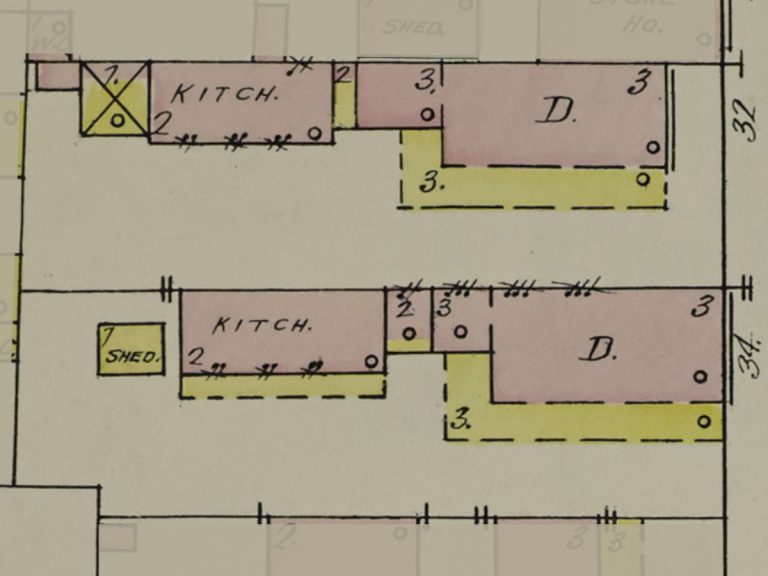 A map demonstrating the long, narrow lots of Charleston Single Houses