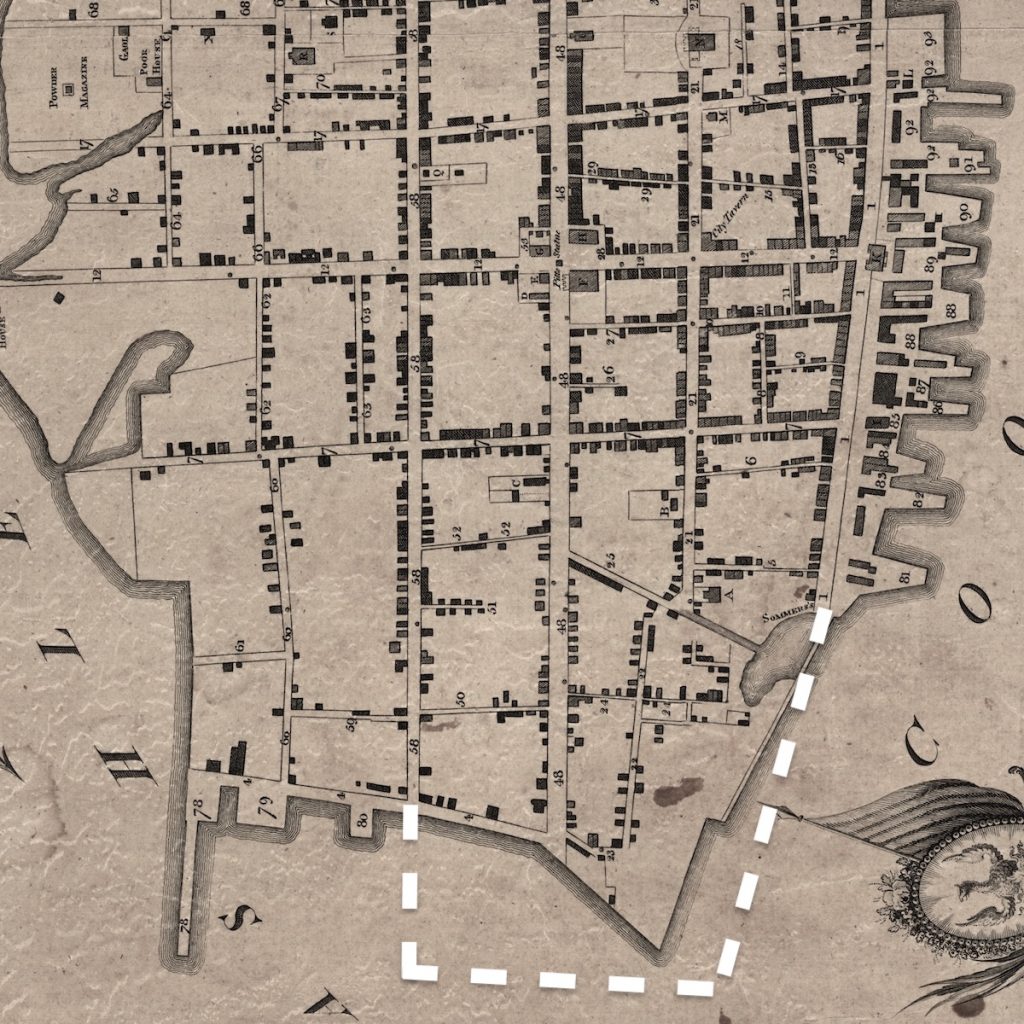 A 1788 map of Charleston indicating the proposed seawall for the Battery