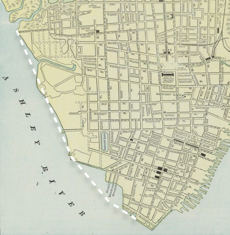 A 1901 map of Charleston indicating the proposed seawall for the Low Battery