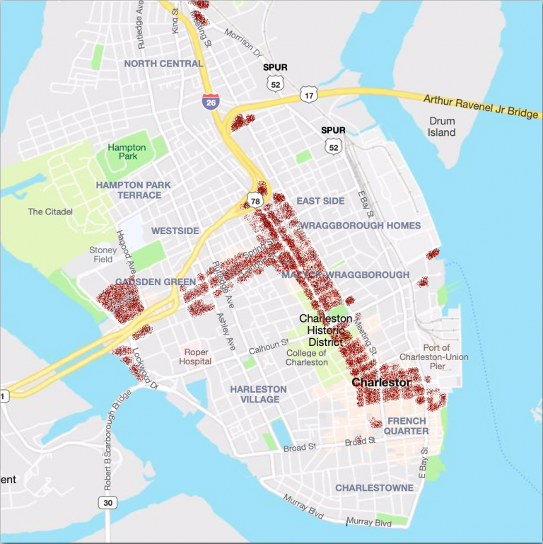 Map of Charleston, SC indicating parcels that may be eligible for commercial short term rentals