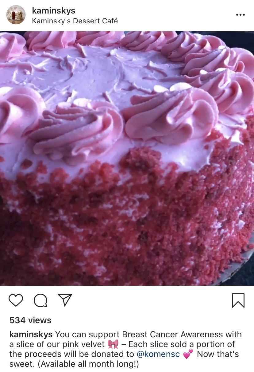 Instagram post of Kaminsky's pink velvet cake in Charleston, SC