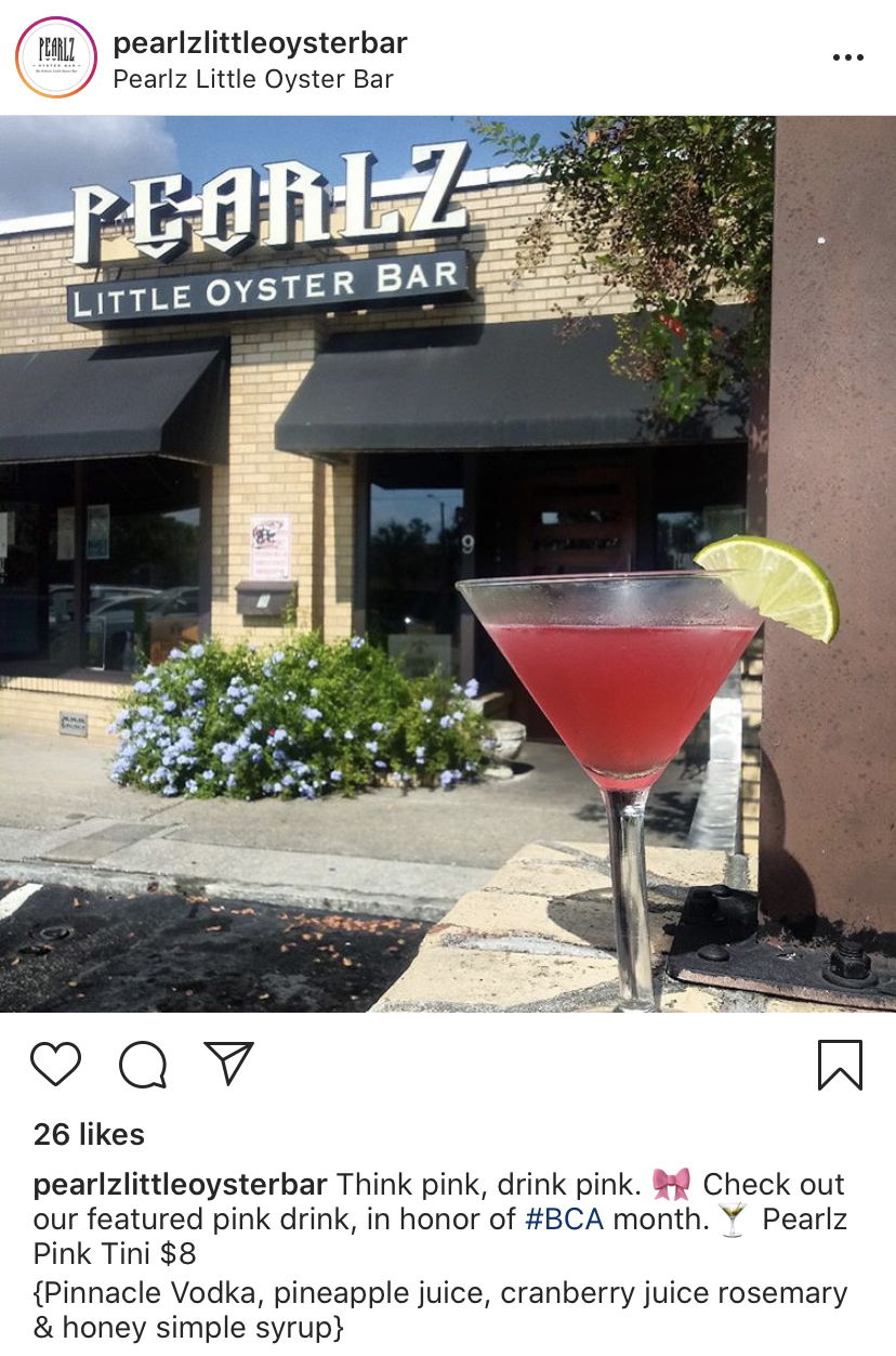 Instagram post of a pink cocktail at Pearlz in West Ashley, Charleston, SC