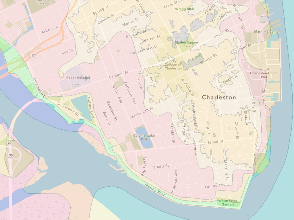 A map of flood zones in Charleston, SC