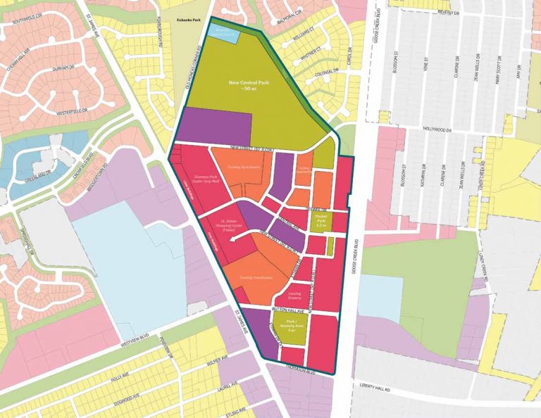 A proposed development plan map for the Central Village of Goose Creek