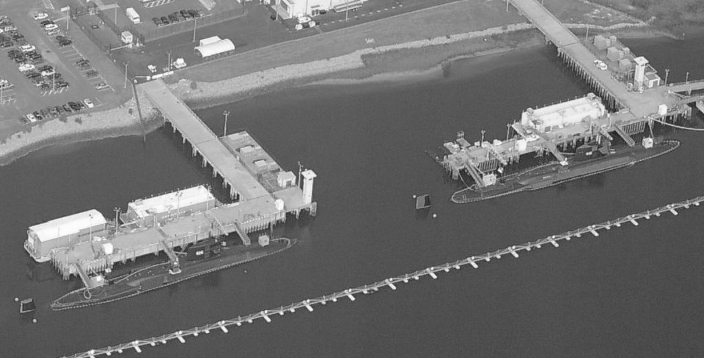 Aerial photo of submarines docked at the Nuclear Power Training Unit in Goose Creek