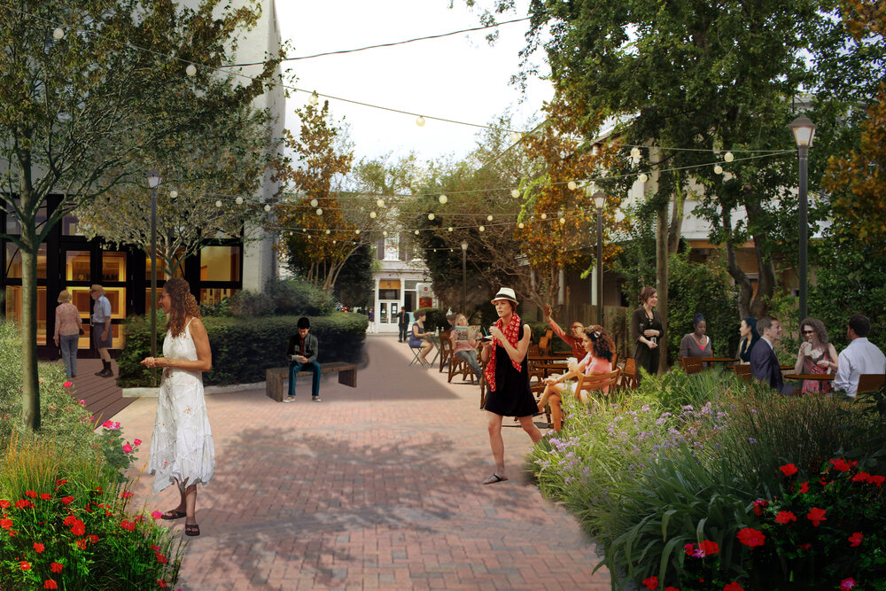 An artist's rendering of the proposed Gateway Walk Park and Liberty Center, a bricked walkway with outdoor cafe and people walking among many native plantings and trees