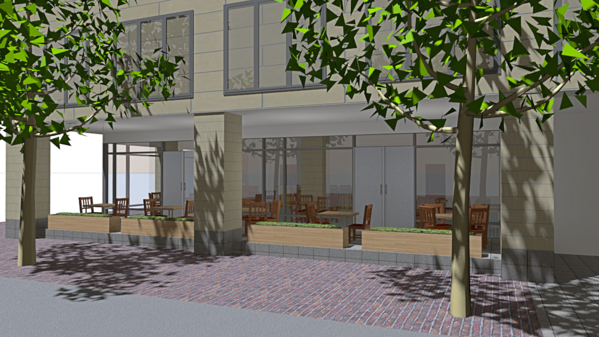 Rendering of proposed changes to the building at 151 Meeting Street to create Liberty Center, showing the view from Meeting Street lined with trees, an office building with a cafe on the sidewalk below
