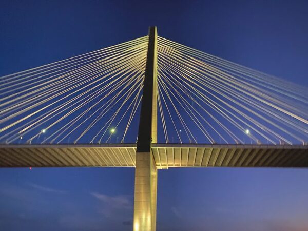 Ravenel Bridge tower and cables at dusk