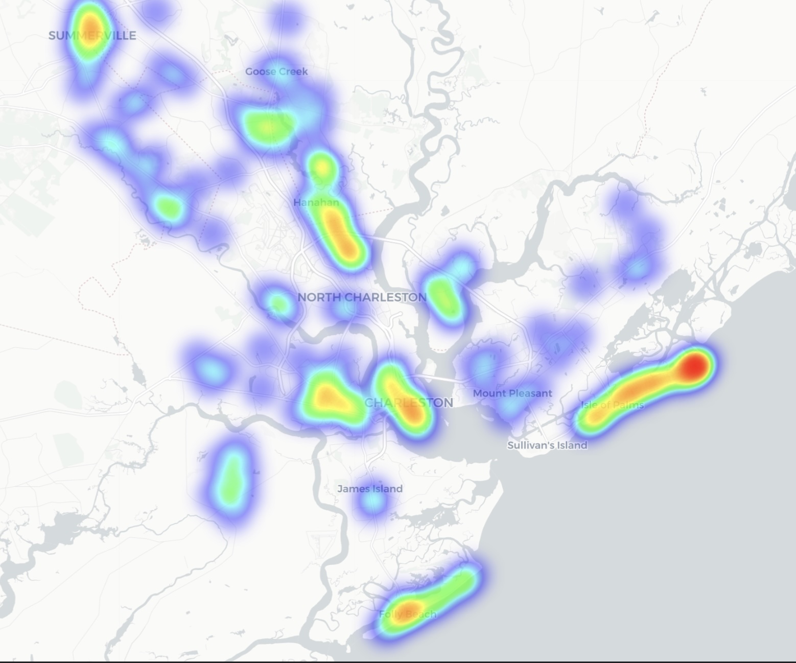 A map of the Charleston area with a heat map overlay of historically successful areas for operating short term rentals.