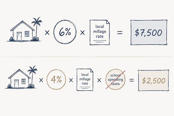 Simple diagram showing property tax calculation: house × 6% local millage rate = $7,500; alternative uses house × 4% local millage rate × school operating taxes = $2,500.
