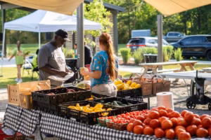 Two farmers at an outdoor table under a beige tent display crates of fresh tomatoes and other produce at the Central Creek Farmers Market.