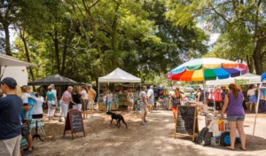 Outdoor Sunday brunch farmers market with vendor tents and colorful umbrellas under leafy trees, shoppers browsing produce and goods along a sandy walkway.