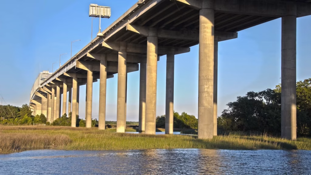 Under the concrete spans of the Interstate 526 Don Holt Bridge, supported by tall pillars over a calm river at golden hour.
